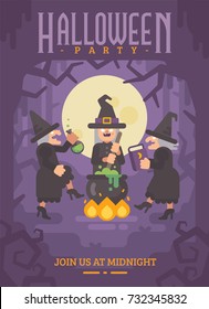 Halloween poster with three wicked old witches brewing a potion. Three evil sisters dancing around the fire and cauldron in a dark forest at night. Halloween party flyer with text Join us at midnight