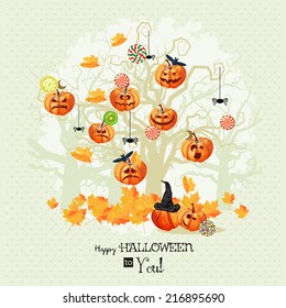 Halloween poster with trees, pumpkins, bats, moon, autumn leaves, spiders.