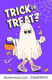 Halloween poster. Trendy retro groovy style and funky ghost character witn with a pumpkin basket in 70s-80s. Trick or treat. Funny vector flyer, cards.