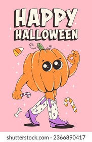 Halloween poster. Trendy retro groovy style and funky pumpkin character in 70s-80s. Happy Halloween. Funny vector flyer, cards.