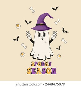 Halloween poster. Trendy retro groovy ghost character with bat, eye, and bones. Vector illustration.