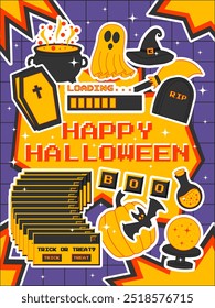 Halloween Poster im trendigen y2k Stil. Poster mit Pixelschrift Happy Halloween. Vektorvorlage für Banner, Post, Cover