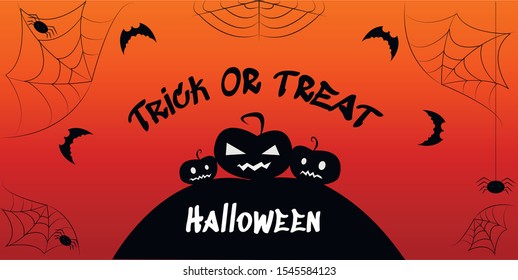 Halloween poster "Trick or Treat" with scary pumpkins, flying bats and spiders web. Flat illustration