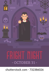 Halloween poster with a vampire in a dark crypt with skulls and bats. Trick or treat. Halloween fright night flat illustration banner