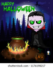 Halloween poster with  vampire in forest. Vector illustration.