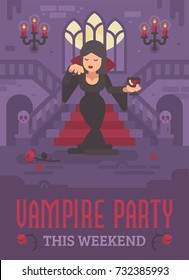 Halloween poster with vampire lady in a black dress with a glass of wine or blood standing in the moonlit hall of a gothic mansion in front of grand staircase. Trick or treat. Vampire party flyer