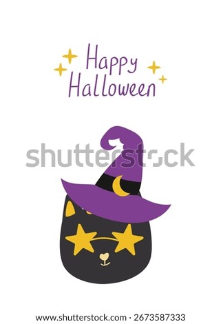 Halloween poster vector – cute cat in witch hat with “Happy Halloween” text and star accents, perfect for greeting cards, stationery, and seasonal printables.