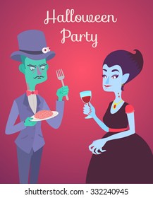 Halloween poster vector flat illustration card. Victorian party with zombie and vampire