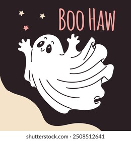 A Halloween poster with vector graphics depicting a flying ghost surrounded by stars. Perfect for creating an eerie and at the same time fun atmosphere