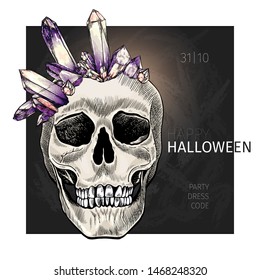 Halloween poster. Vector hand drawn human skull wearing crystal crown. Mineral amethyst or quartz stone. Body parts, bones. Skull frontal view. Use for greeting card, holiday celebration, flyer design