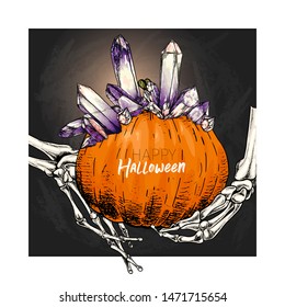 Halloween poster. Vector hand drawn human arm bones, pumpkin, crystal crown. Mineral amethyst or quartz stone. Body parts, bones. Trick or treats. For greeting card, holiday celebration, flyer design