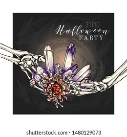 Halloween poster. Vector hand drawn human arm bones, crystal, flower. Mineral amethyst or quartz stone. Body parts, bones. Autumn chrysantemum. Use for greeting card, holiday celebration, flyer design