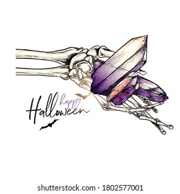 Halloween-Poster. Vektor handgezeichnete menschliche Arm mit Quart Edelstein. Detaillierte anatomische Handknochenzeichnung. Körperteil. Traditionelle Halloween-Dekoration. Grußkarte, Feiertagsfeiern, Flugzimmerdesign