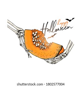 Halloween poster. Vector hand drawn human arm with pumpkin slice. Detailed anatomical hand bone drawing. Body parts. Traditional Halloween decor. For greeting card, holiday celebration, flyer design