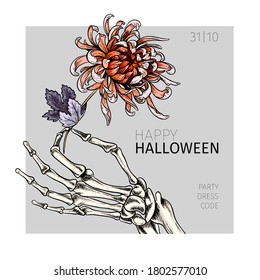 Halloween poster. Vector hand drawn human arm with flower. Detailed chrysantemum botanical drawing. Body parts, bones. Anatomic hands view. Use for greeting card, holiday celebration, flyer design