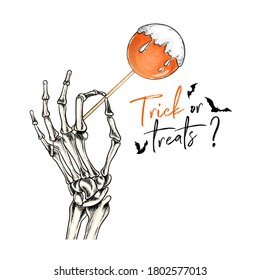 Halloween poster. Vector hand drawn human arm with candy stick. Detailed anatomical hand bone drawing. Body parts. Traditional Halloween decor. For greeting card, holiday celebration, flyer design