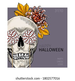 Afiche de Halloween. Calavera humana dibujada a mano por vectores con corona de hojas y ojos dulces. Dibujo detallado. Partes del cuerpo, huesos. Vista de manos anatómicas. Uso para tarjeta de saludo, celebración de vacaciones, diseño de volante