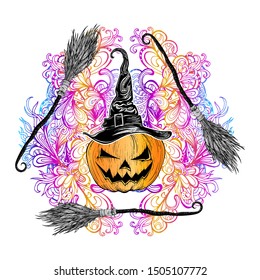 Halloween poster. Vector illustration for all Saints ' Day. Witch hat, pumpkin and magic broom. Magic items, witchcraft, coven. Printing on t-shirt, banner, Souvenirs. Greeting card.
