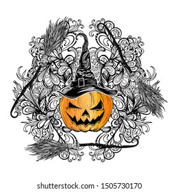 Halloween poster. Vector illustration for all Saints ' Day. Witch hat, pumpkin and magic broom. Magic items, witchcraft, coven. Printing on t-shirt, banner, Souvenirs. Greeting card.