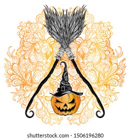 Halloween poster. Vector illustration for all Saints ' Day. Witch hat, pumpkin and magic broom. Magic items, witchcraft, coven. Printing on t-shirt, banner, Souvenirs. Greeting card.