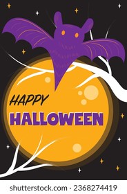 Halloween poster vector illustration. Halloween background with ghosts, bat, spooky characters. Trick or treat! Happy Halloween