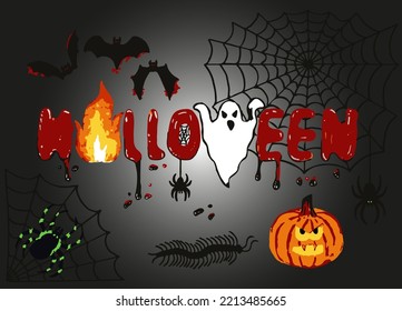 Halloween poster. Vector illustration. Ghost, spider, pumpkin, fire, bat, blood and web on a dark gray background.