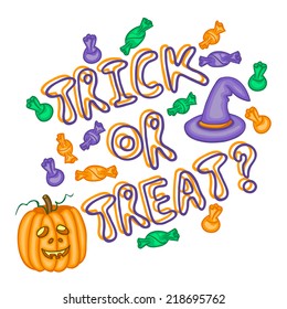 Halloween Poster vector illustration with Hat, Jack O pumpkin lantern and phrase Trick or Treat