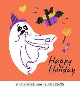 A Halloween poster. The vector illustration shows a cute ghost in a festive hat with a flying gift in the form of a box with bat wings on an orange background.