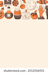 Halloween poster, vertical a4 background, space for text. Colorful orange and brown icons upper frame. Holiday elements, moon, cat, pumpkin, sweets, zombie hand. For card, banner, invitation, party