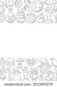 Halloween poster, vertical a4 background, space for text. Minimalist monochrome gray bottom and upper frame. Holiday icons, skull, ghost, pumpkin, sweets, zombie hand. For card, banner, invitation