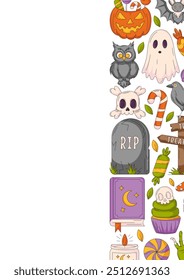 Halloween poster, vertical a4 vector background, space for text. Colorful holiday icons, right side border frame. Spooky ghost, spell book, skull and bones. For banner, invitation, party, planner