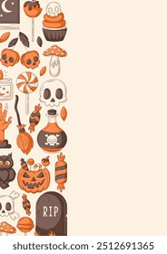 Halloween poster, vertical a4 vector background, space for text. Colorful holiday icons, left side border frame. Spooky skull, sweets, zombie hand, pumpkin. For banner, invitation, party, planner