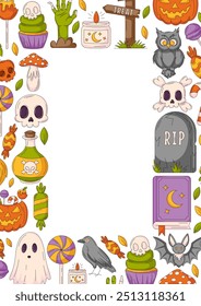 Halloween poster, vertical a4 vector background, space for text in the middle. Colorful scary icons border frame. Spooky ghost, skull and bones, bat, owl. For banner, invitation, party, planner