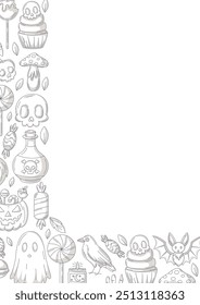 Cartaz de Halloween, fundo vetorial vertical a4, espaço para texto. Minimalista cinza ícones assustadores canto moldura de borda. Fantasma assustador, crânio, corvo, abóbora de férias. Para faixa, convite, grupo, planejador