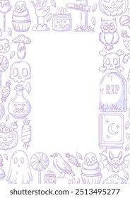 Halloween poster, vertical a4 vector background, space for text in the middle. Minimalist purple scary icons border frame. Spooky ghost, skull and bones, bat. For banner, invitation, party, planner