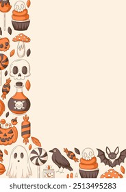 Halloween poster, vertical a4 vector background, space for text. Colorful scary icons corner border frame. Spooky ghost, skull,  raven, holiday pumpkin, bat. For banner, invitation, party, planner