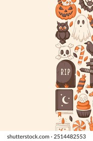 Halloween poster, vertical a4 vector background, space for text. Colorful scary icons, right side border frame. Spooky ghost, spell book, skull and bones. For banner, invitation, party, planner