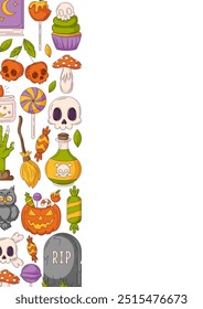 Halloween poster, vertical a4 vector background, space for text. Colorful scary icons, left side border frame. Holiday skull, sweets, zombie hand, pumpkin. For card, banner, invitation, party, planner