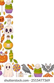 Halloween poster, vertical a4 vector background, space for text. Colorful scary icons corner border frame. Spooky ghost, skull, sweets, raven, holiday pumpkin. For banner, invitation, party, planner