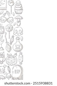 Halloween poster, vertical a4 vector background, space for text. Minimalist gray icons, left side border frame. Holiday skull, sweets, zombie hand, pumpkin. For banner, invitation, party, planner