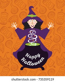Halloween poster. Witch with cauldron and potion. Halloween Witches Party Poster in vector format