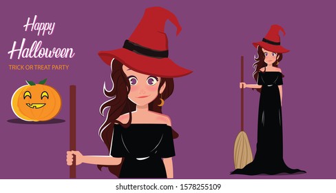 Halloween Poster With Witch Character And Creepy Pumpkin