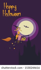 Halloween poster with a witch flying on a broomstick with a cat