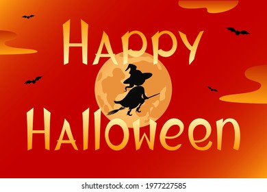 Halloween poster. Witch flying on broom. Cartoon. Vector illustration.