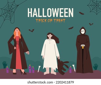 Halloween poster with witch, ghost and reaper. flat design style vector illustration.