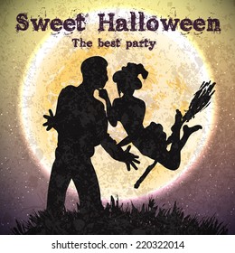 Halloween poster - witch and a man on the moon background