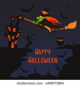 halloween poster with a witch on a broomstick - vector illustration, eps