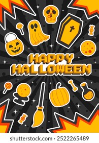 Halloween poster in y2k style. Poster with pixel lettering Happy Halloween. Vector template for banner, post, cover