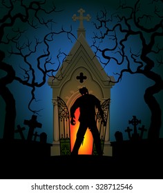 Halloween poster with zombie and crypt at night