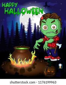 Halloween poster with  zombie in forest. Vector illustration.